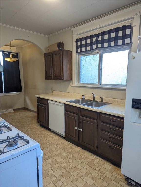 kitchen with white appliances, a sink, dark brown cabinetry, and crown molding