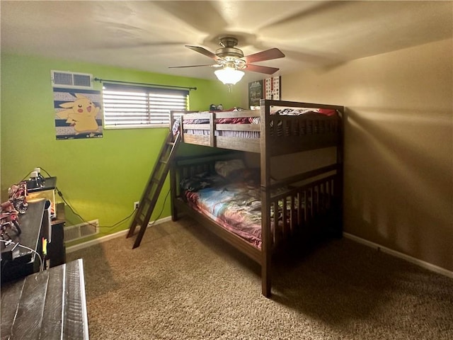 bedroom featuring carpet, baseboards, visible vents, and a ceiling fan