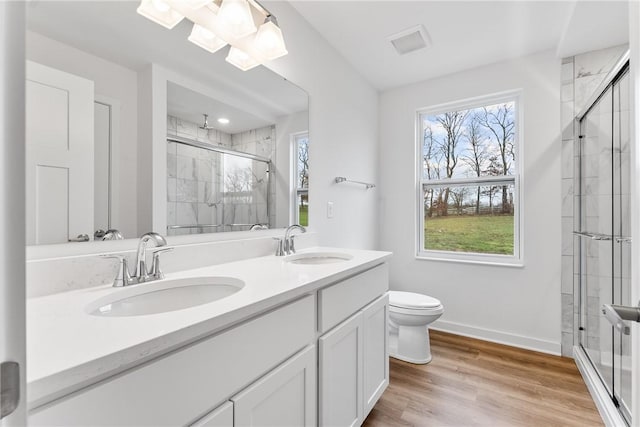 full bath featuring a stall shower, a sink, and wood finished floors