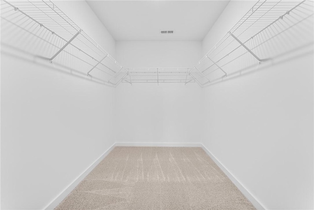 spacious closet with light colored carpet and visible vents