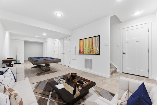 game room with billiards, visible vents, baseboards, light colored carpet, and recessed lighting