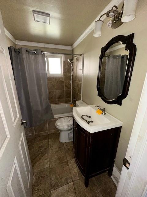 full bath with toilet, shower / tub combo, vanity, and visible vents