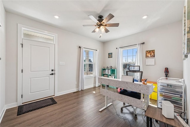 office area with recessed lighting, wood finished floors, a ceiling fan, and baseboards