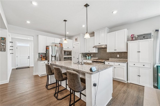 kitchen with under cabinet range hood, wood finished floors, a sink, appliances with stainless steel finishes, and decorative backsplash