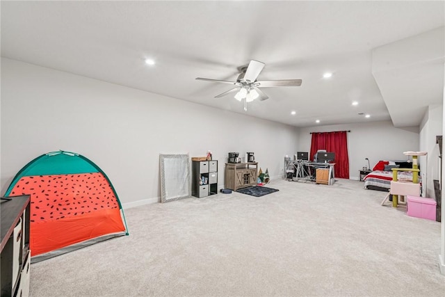 rec room with baseboards, carpet floors, ceiling fan, and recessed lighting