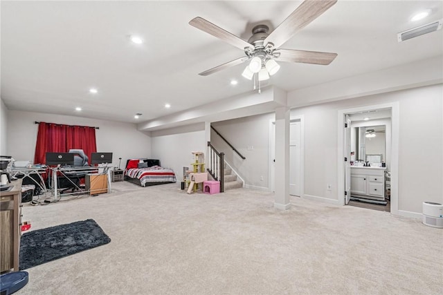 game room featuring a ceiling fan, recessed lighting, carpet flooring, and visible vents