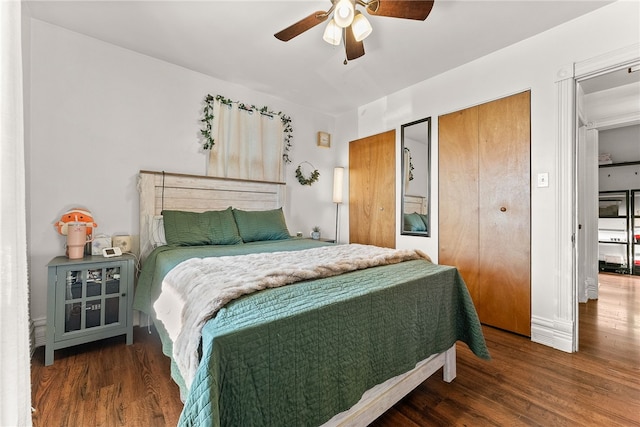 bedroom with a ceiling fan and wood finished floors