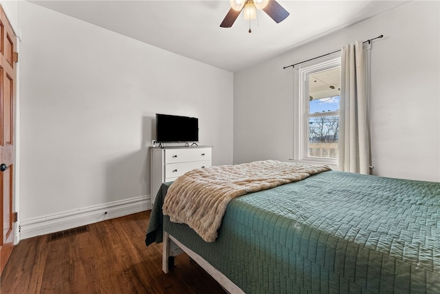 bedroom with visible vents, ceiling fan, baseboards, and wood finished floors