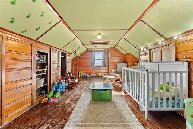 interior space featuring dark wood-type flooring, lofted ceiling, and wood walls