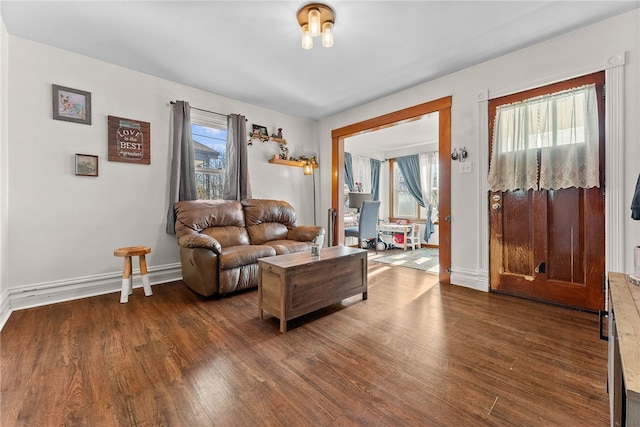 living area with plenty of natural light, baseboards, and wood finished floors