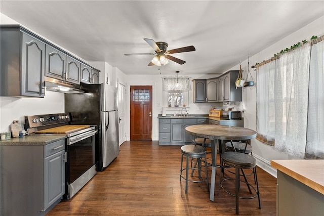 kitchen with under cabinet range hood, appliances with stainless steel finishes, gray cabinets, and a sink