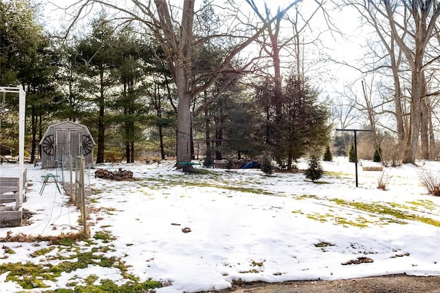 yard covered in snow featuring a storage shed and an outdoor structure