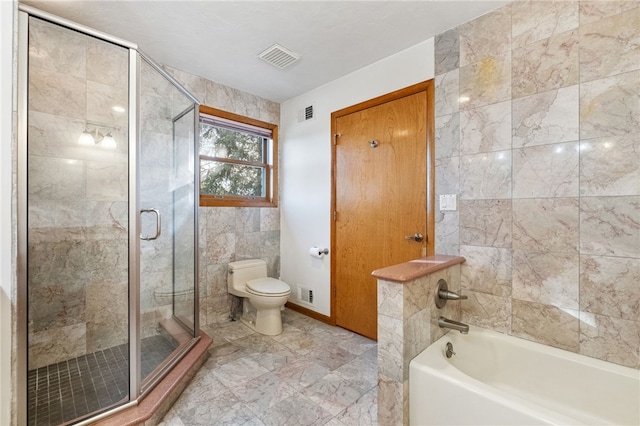 bathroom with tiled shower, visible vents, toilet, and a bathing tub