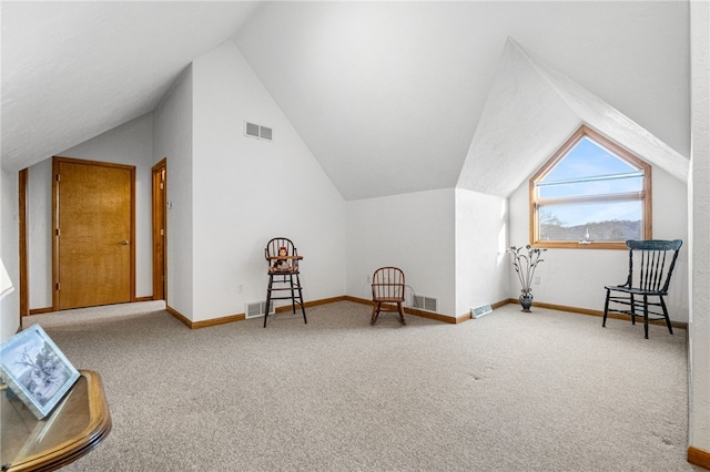 bonus room with vaulted ceiling, carpet, and visible vents