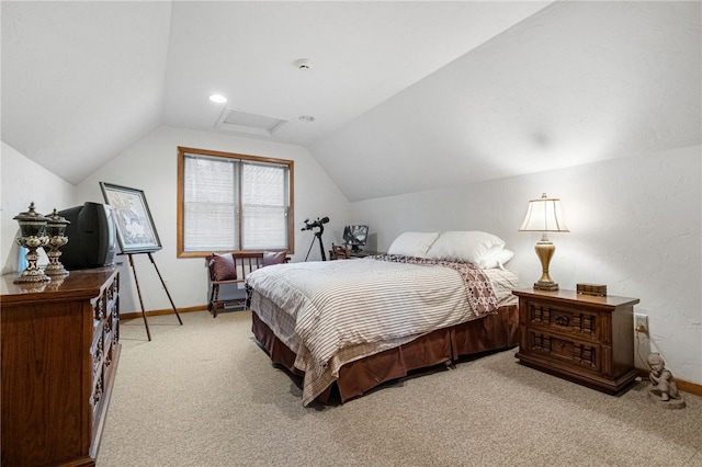 bedroom featuring attic access, baseboards, vaulted ceiling, and light colored carpet