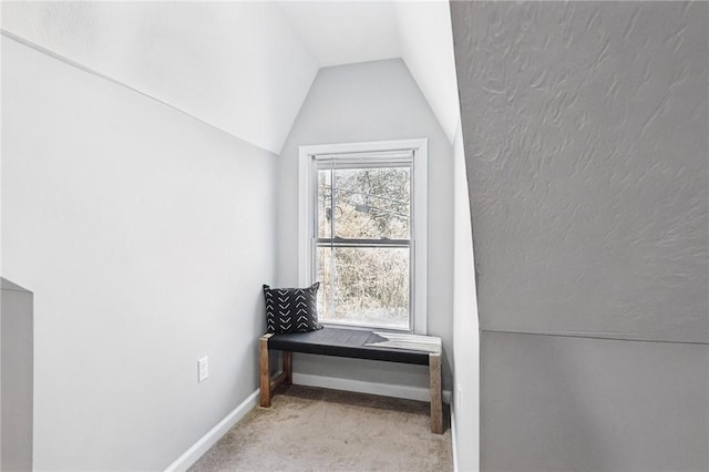 interior space with lofted ceiling, carpet flooring, and baseboards