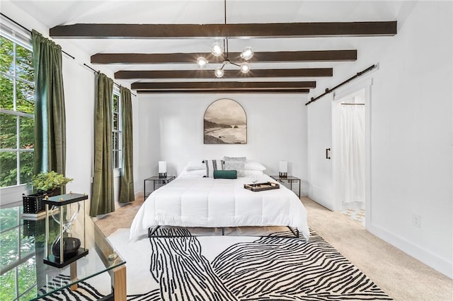 bedroom with a chandelier, a barn door, light carpet, baseboards, and beam ceiling