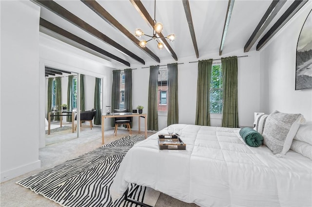 bedroom featuring carpet floors, a chandelier, beamed ceiling, and baseboards