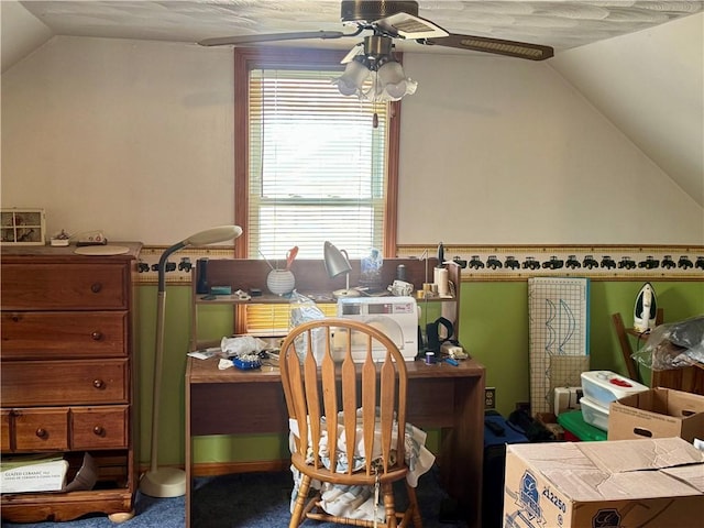 office with vaulted ceiling and a ceiling fan