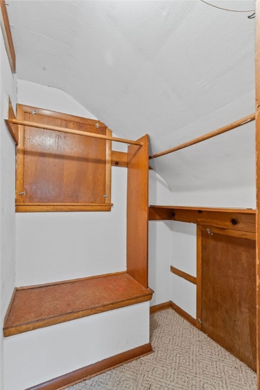 interior space with lofted ceiling and light colored carpet