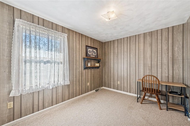 interior space featuring carpet, wooden walls, and baseboards