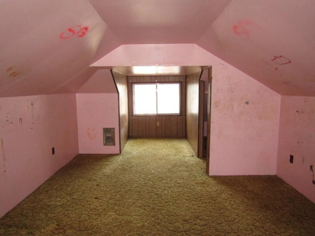 additional living space featuring lofted ceiling and carpet