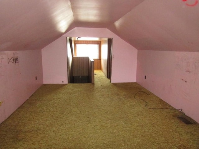 additional living space featuring lofted ceiling, carpet, and visible vents