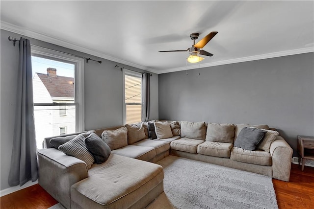 living room with ceiling fan, dark wood-style flooring, and crown molding