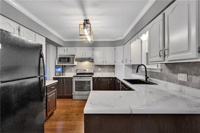 kitchen with wood finished floors, a sink, stainless steel appliances, crown molding, and backsplash