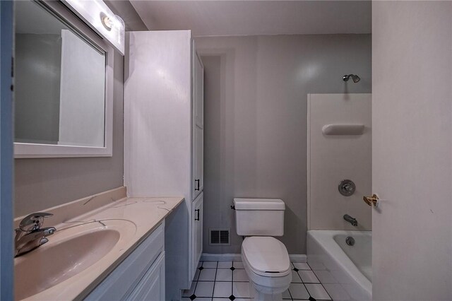 full bath featuring tile patterned flooring, toilet, bathtub / shower combination, vanity, and visible vents