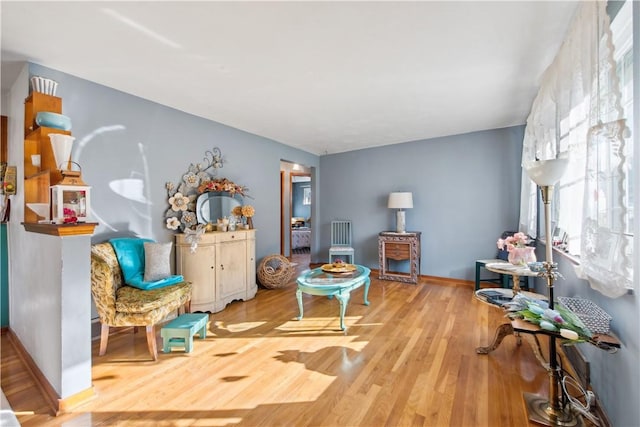 living area with baseboards and wood finished floors