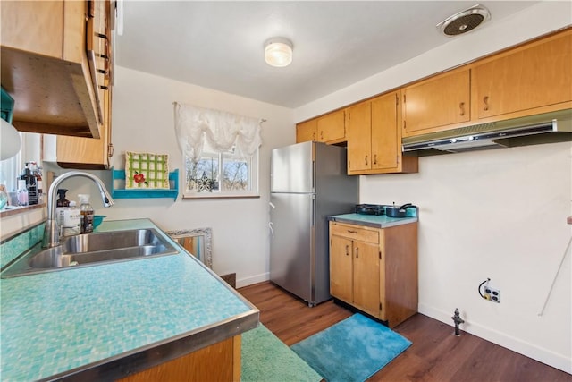 kitchen with baseboards, dark wood finished floors, freestanding refrigerator, under cabinet range hood, and a sink