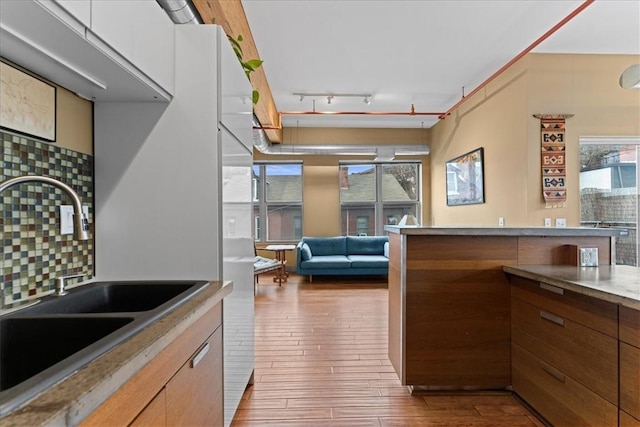 kitchen featuring a wealth of natural light, decorative backsplash, a sink, and wood finished floors