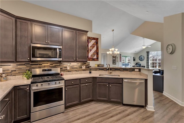 kitchen with stainless steel appliances, backsplash, a sink, dark brown cabinets, and a peninsula