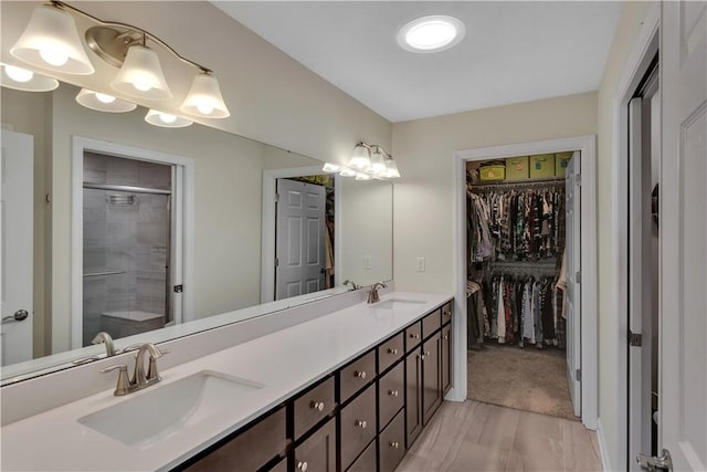 bathroom with double vanity, a stall shower, a spacious closet, and a sink