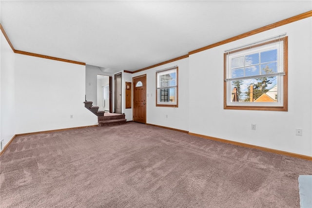 unfurnished living room featuring stairs, carpet, baseboards, and crown molding