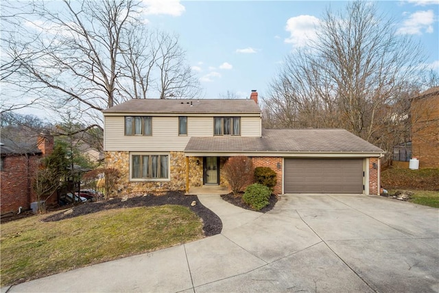 traditional home with concrete driveway, stone siding, a chimney, an attached garage, and a front lawn