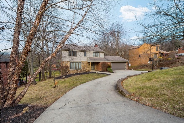 traditional-style home with stone siding, a chimney, and a front lawn