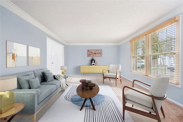 carpeted living area featuring crown molding, a textured ceiling, and baseboards