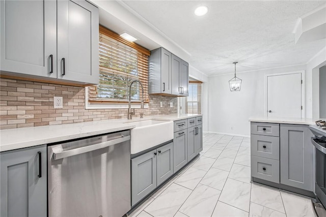 kitchen featuring dishwasher, marble finish floor, and gray cabinetry