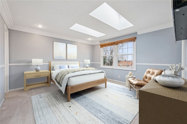 carpeted bedroom with baseboards, ornamental molding, and recessed lighting