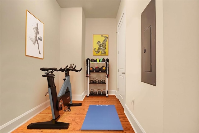 exercise area featuring electric panel, baseboards, and wood finished floors