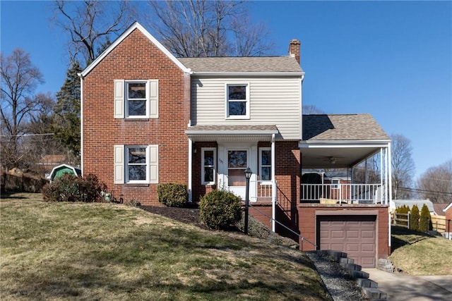 traditional home featuring driveway, brick siding, a chimney, covered porch, and a front yard