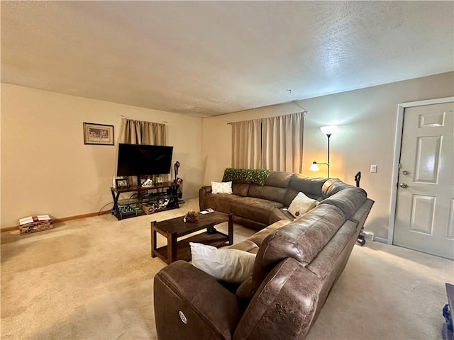 living room with light colored carpet and baseboards