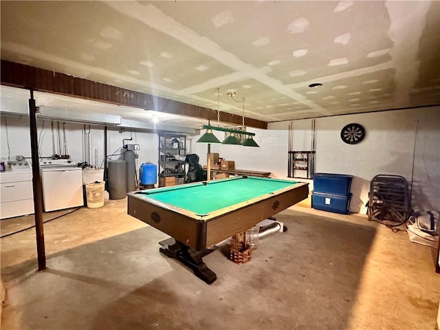 game room with washing machine and dryer, pool table, and unfinished concrete flooring