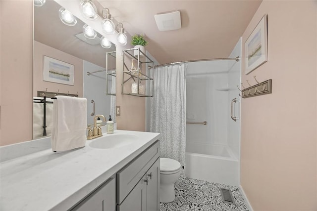 bathroom with visible vents, toilet, shower / tub combo, vanity, and tile patterned flooring