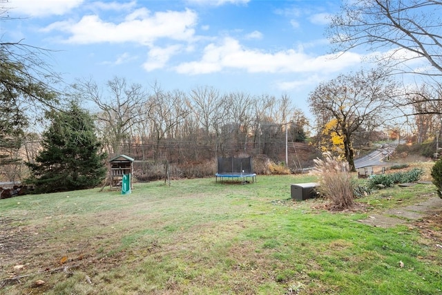 view of yard with a trampoline and a playground