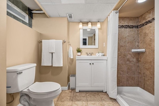 full bath featuring visible vents, a stall shower, tile patterned flooring, and toilet