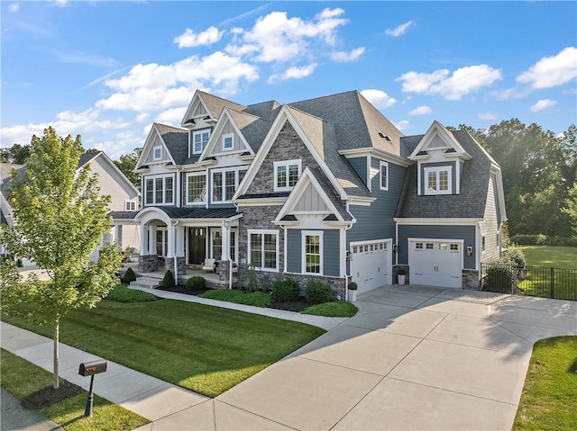 view of front of property with roof with shingles, concrete driveway, an attached garage, a front yard, and fence