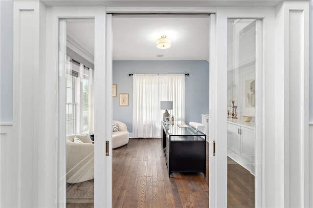 hall with dark wood-style floors